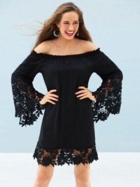 Joseph Ribkoff Black Lace Bell Sleeve Dress Off Shoulder Boho Large